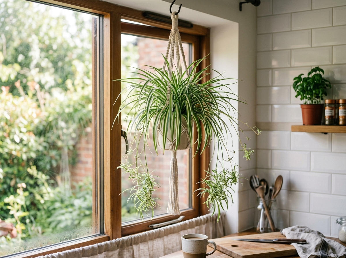 Spider Plant in macrame plant hanger by kitchen window with dangling spiderette runners