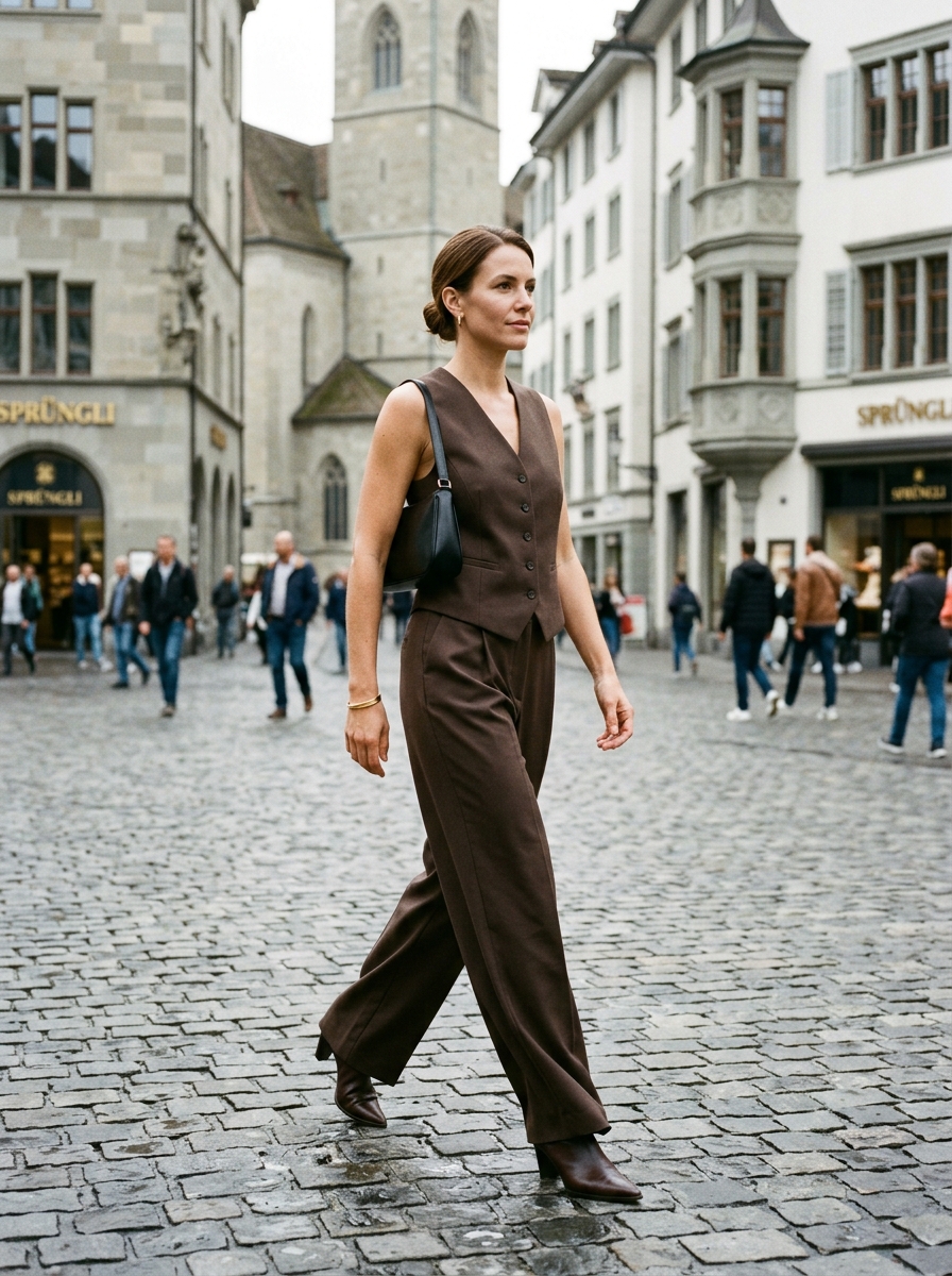Woman wearing deep espresso brown tailored sleeveless waistcoat and matching wide-leg trousers in Zurich