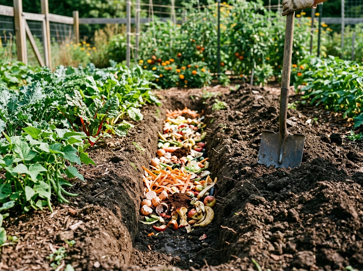 Trench composting in vegetable garden bed with 12-inch dug trench filled with kitchen vegetable scraps and spade ready to backfill