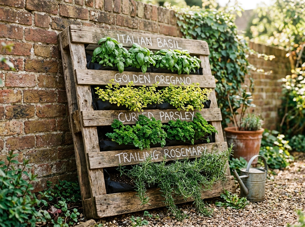 Upcycled rustic wooden shipping pallet herb garden with chalk labels for Italian basil, oregano, parsley, and rosemary leaning against brick wall