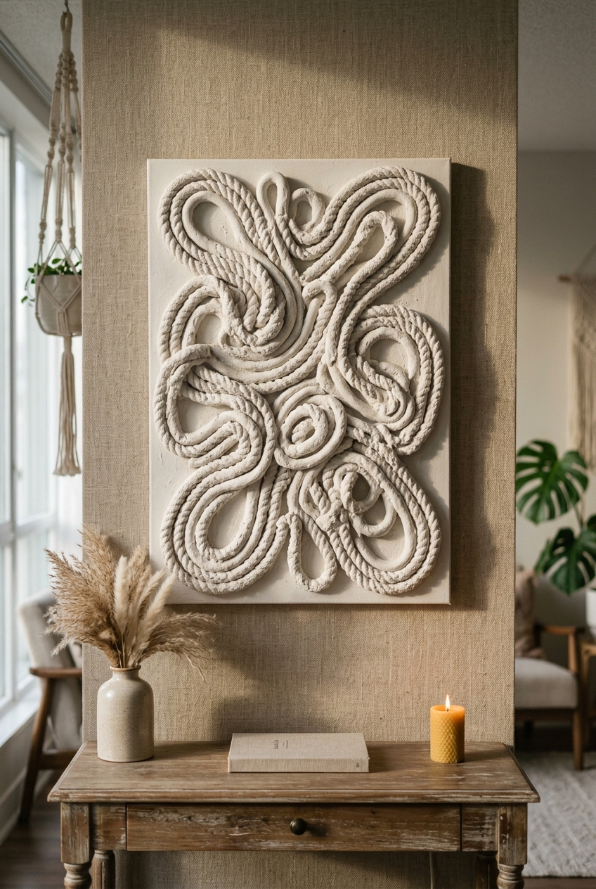 DIY textured abstract wall art featuring looping chunky cotton yarn covered in a matte chalky off-white plaster finish on canvas