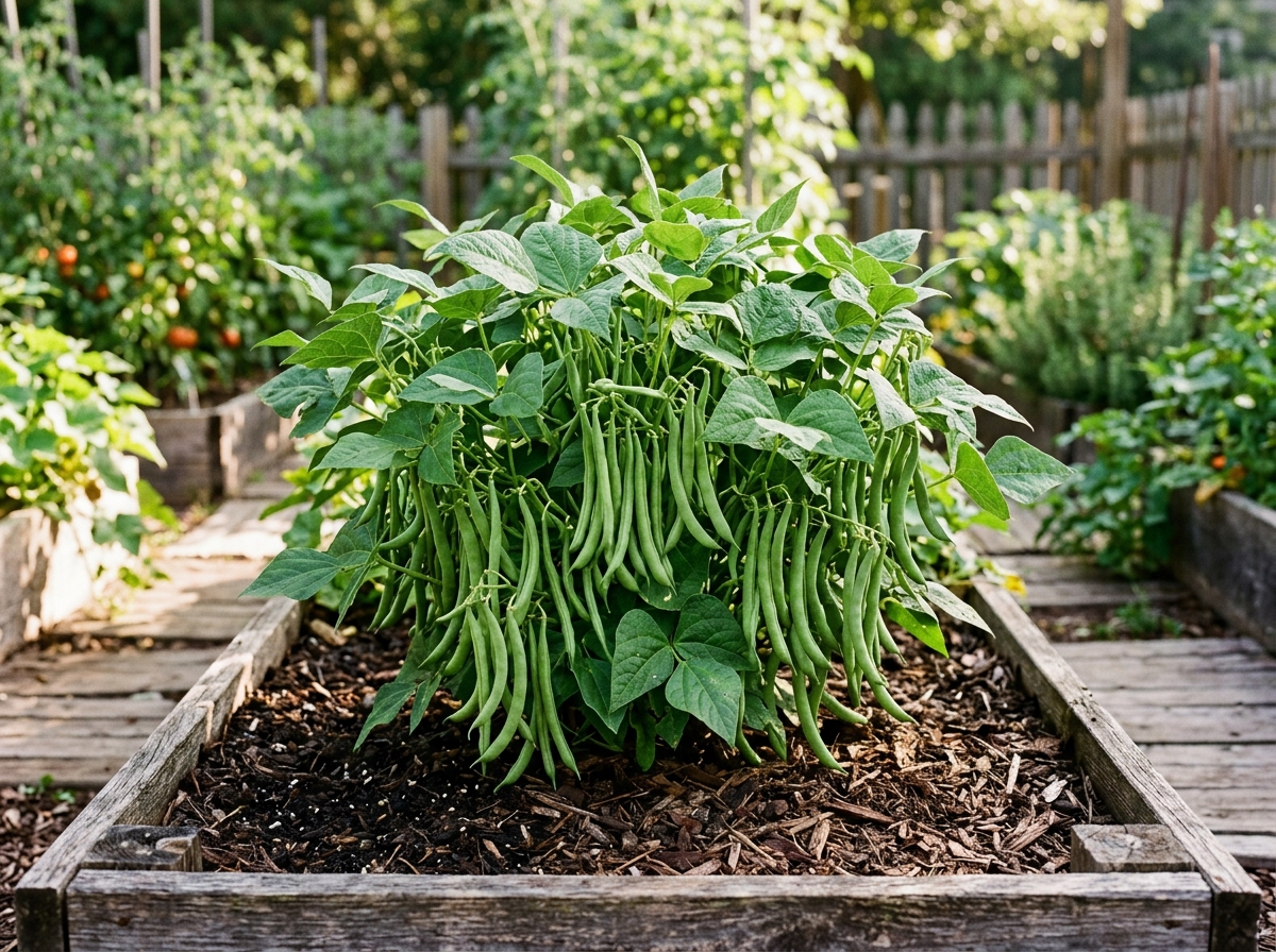 Compact bush snap bean plant in wooden raised box heavily laden with slender crisp green bean pods