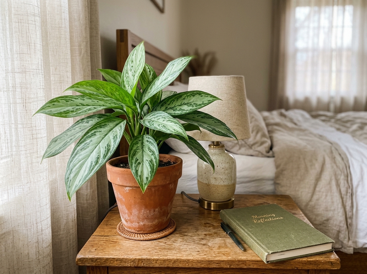 Chinese Evergreen Silver Bay in rustic terracotta pot on nightstand with soft bedroom daylight