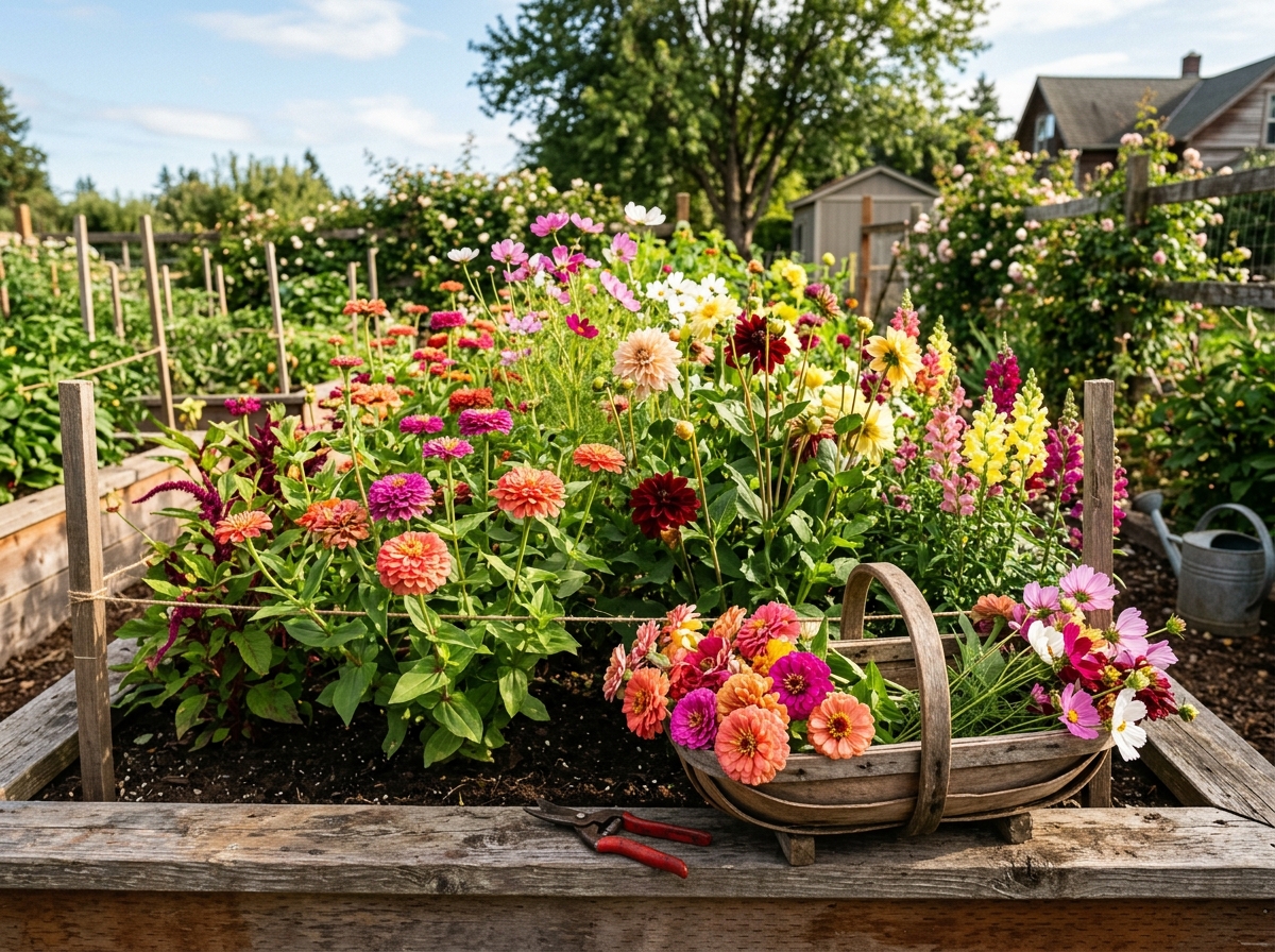 Vibrant backyard cut-flower cutting garden bed in full sun with zinnias, dahlias, cosmos, snapdragons, and wooden flower trug