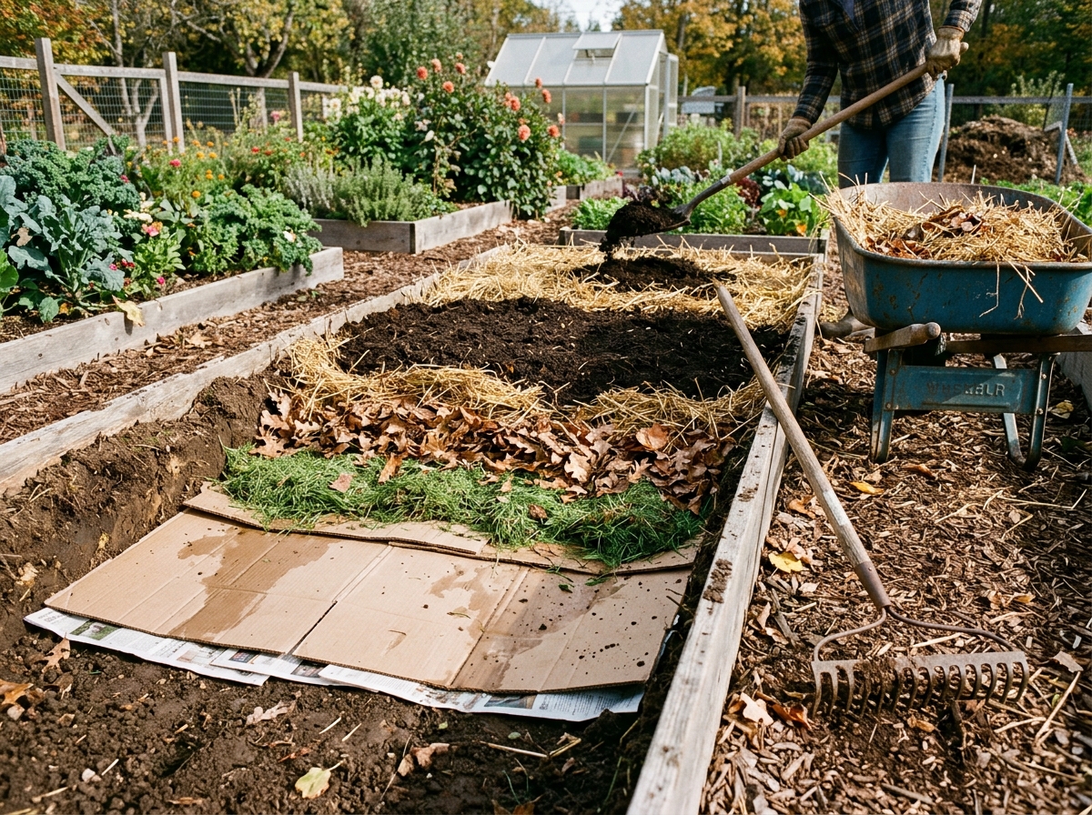 Lasagna sheet mulching being constructed over garden bed showing brown cardboard base, green grass, leaves, straw, and rich compost layers