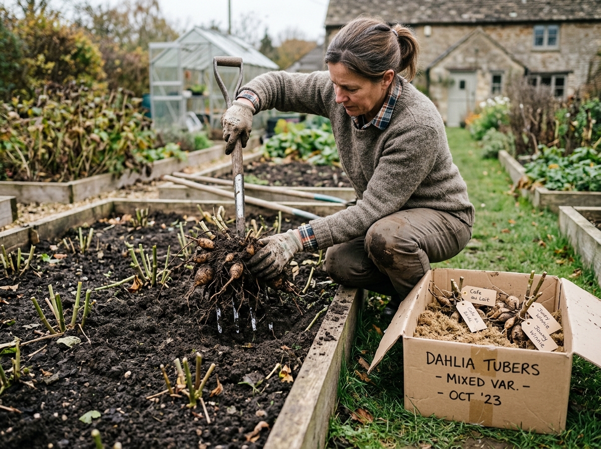 Gardener lifting dahlia tubers and canna rhizomes with a garden fork and drying them on burlap