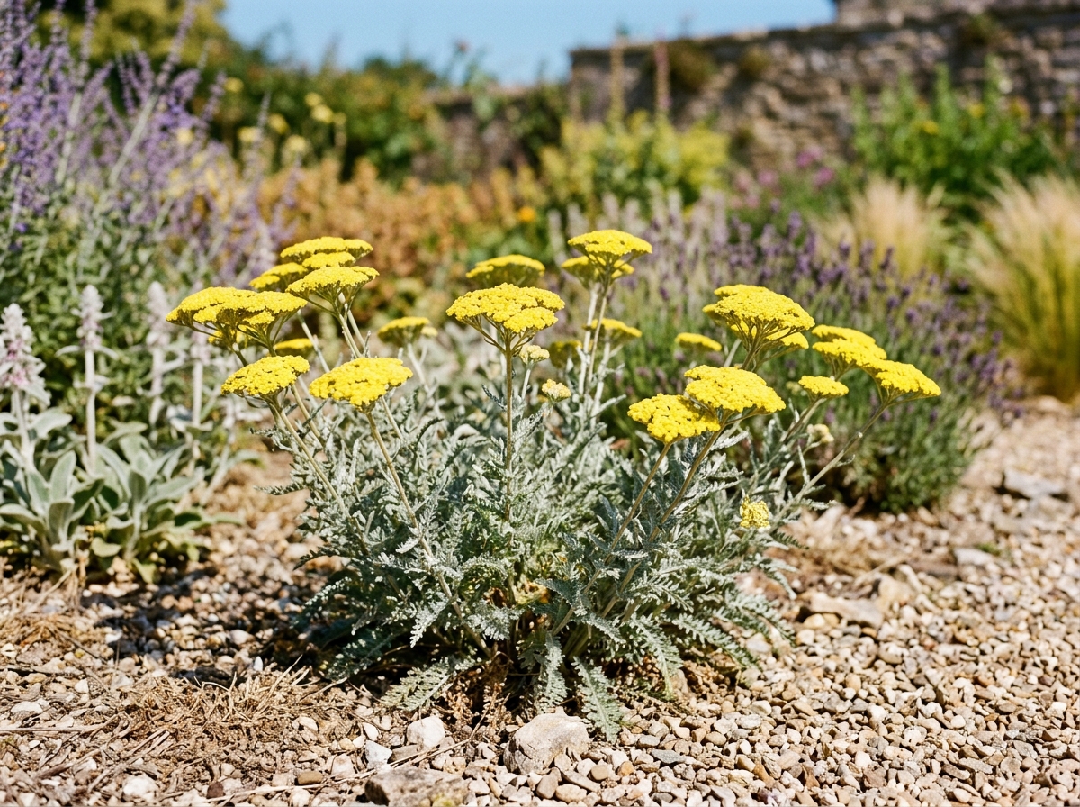 Moonshine Yarrow Achillea in full sun with sulfur-yellow flat flower umbels and feathery silver-grey fern-like foliage in gravel border