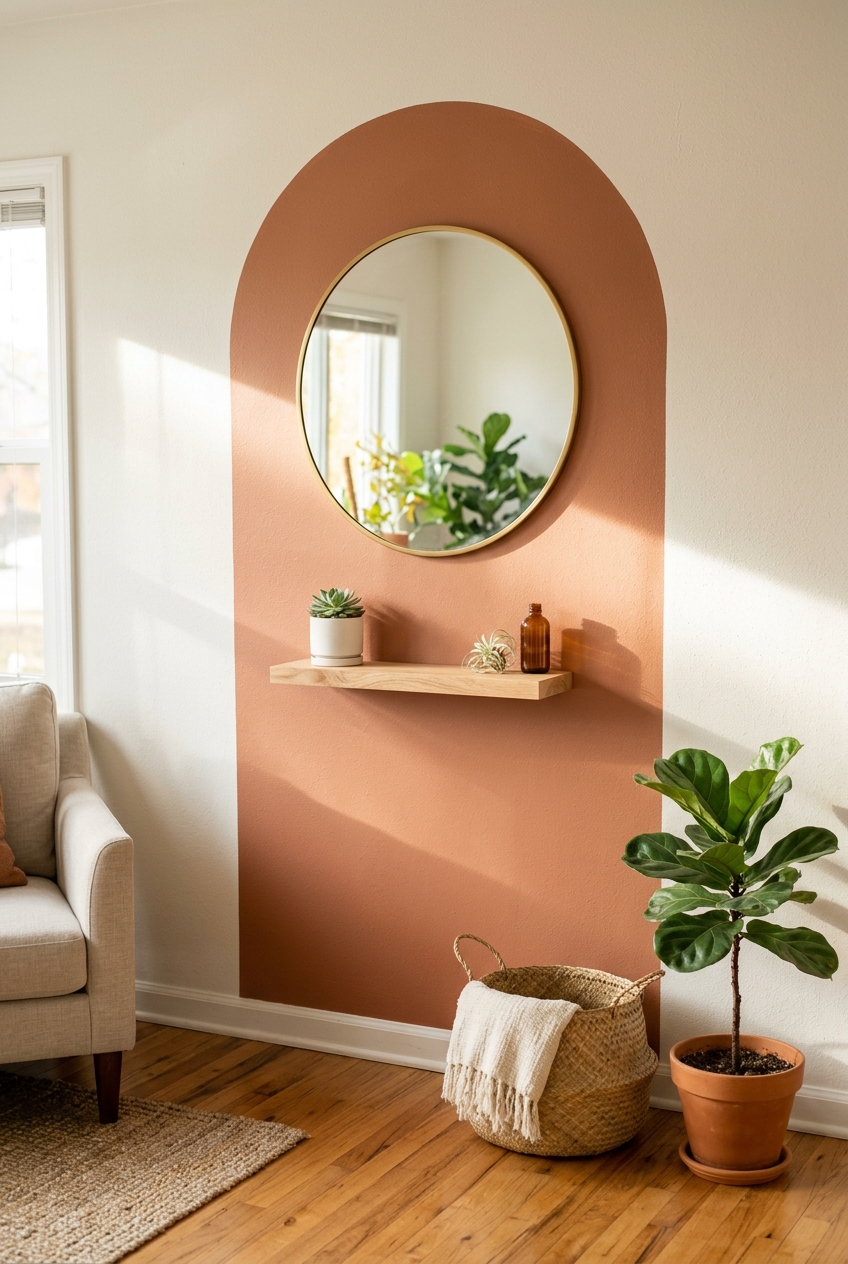 DIY painted terracotta wall arch color blocking behind a round brass mirror and small floating wood shelf