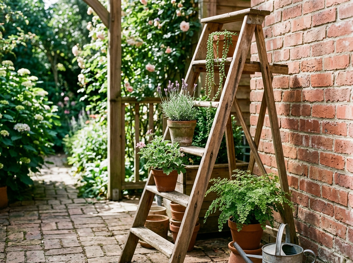 Tiered rustic cedar A-frame plant ladder displaying terracotta pots with herbs and ferns