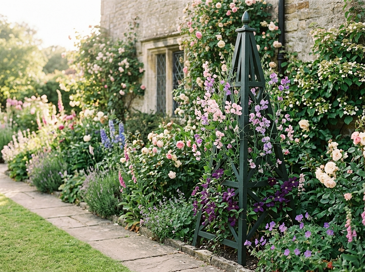 Elegant 7-foot dark green wooden pyramid tuteur obelisk trellis in cottage garden corner with climbing sweet peas and purple clematis