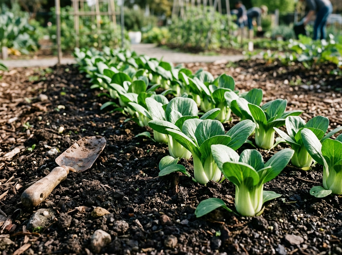 Neat garden bed of baby bok choy with glossy green spoon leaves and white stems in dark loam soil