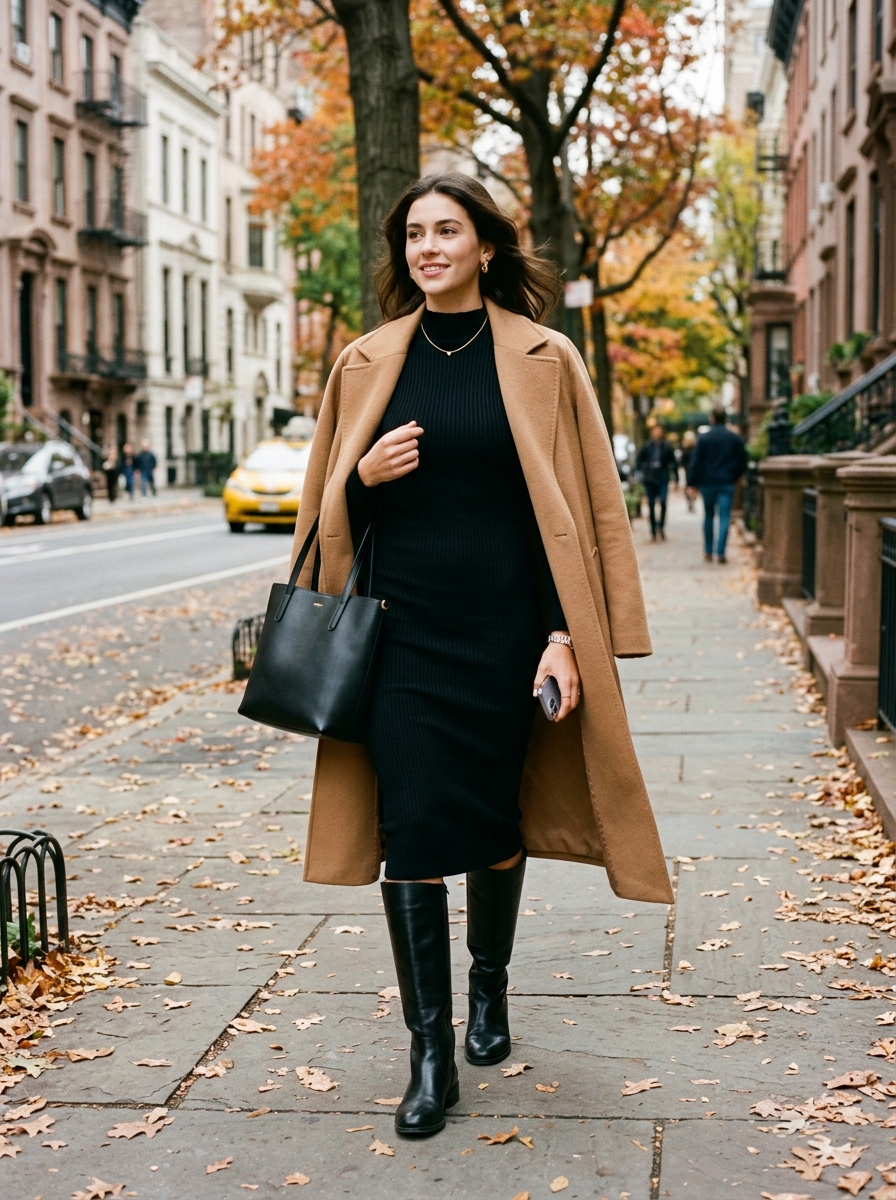 Upper East Side street style with black ribbed knit midi column dress, structured camel wool coat, and knee-high leather boots