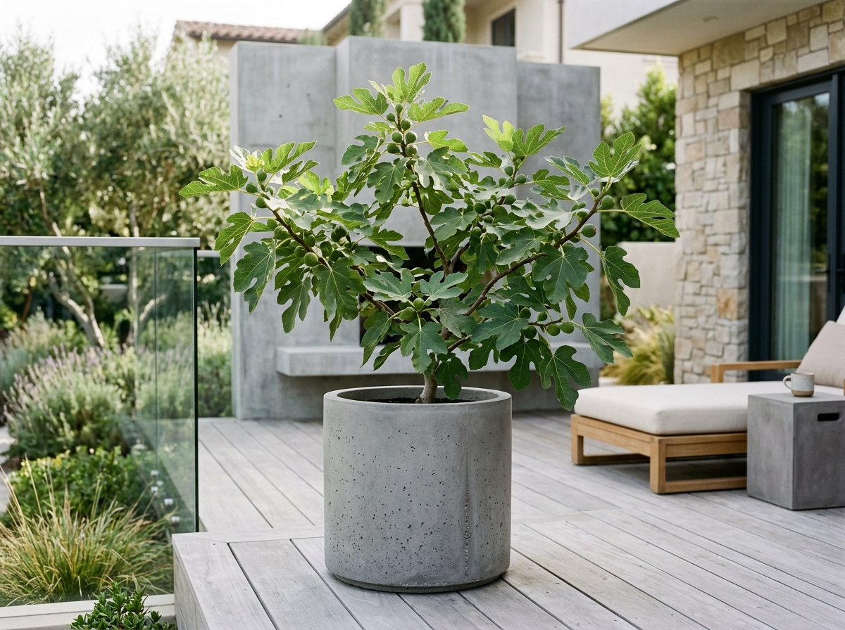 Dwarf fig tree with lush lobed leaves in modern cylindrical concrete planter on patio deck