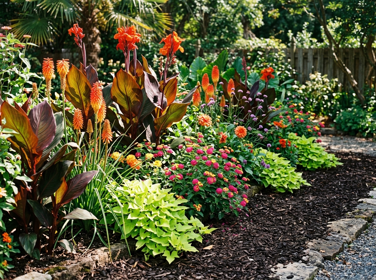 Dramatic tropical sun border with bronze leaf canna lilies, orange red-hot pokers kniphofia, pink lantana, and sweet potato vine