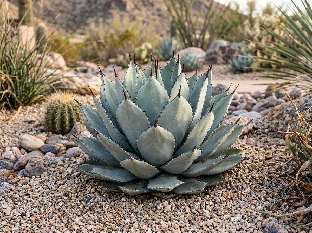 Parry's Agave succulent rosette growing in modern gravel rock garden with powdery silver-blue leaves and sharp dark terminal spines
