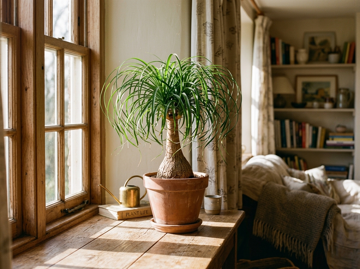 Ponytail Palm with bulbous wooden caudex trunk on sunny wooden windowsill with garden view
