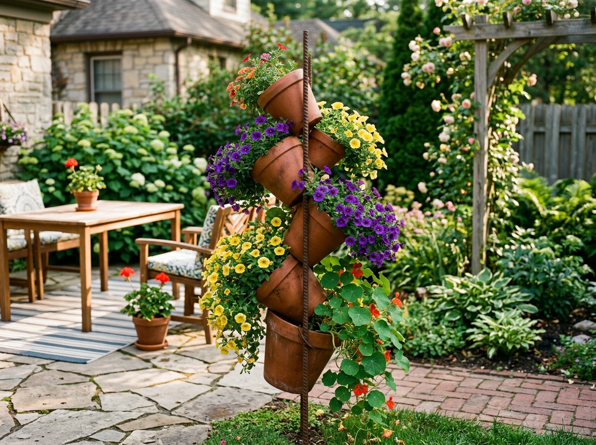 Stacked vertical terracotta pot tower on metal rebar stake beside patio with cascading calibrachoa, yellow petunias, and nasturtiums
