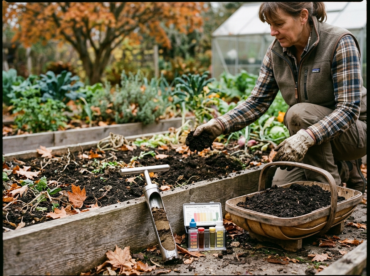 Stainless steel soil probe testing kit and wooden trug filled with dark crumbly compost in a raised bed