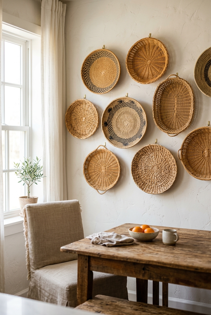 Eclectic DIY woven basket wall gallery using thrifted seagrass, wicker, and bamboo trays over a wooden dining nook