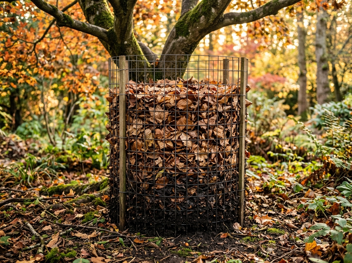 Cylindrical wire mesh leaf mold compost cage filled with autumn leaves under a maple tree showing dark crumbly leaf mold at bottom
