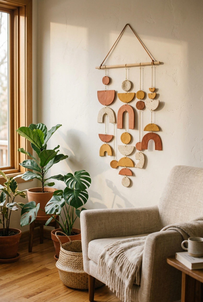 Handcrafted DIY geometric air-dry clay wall hanging mobile in terracotta, ochre, and speckled cream connected by brass wire