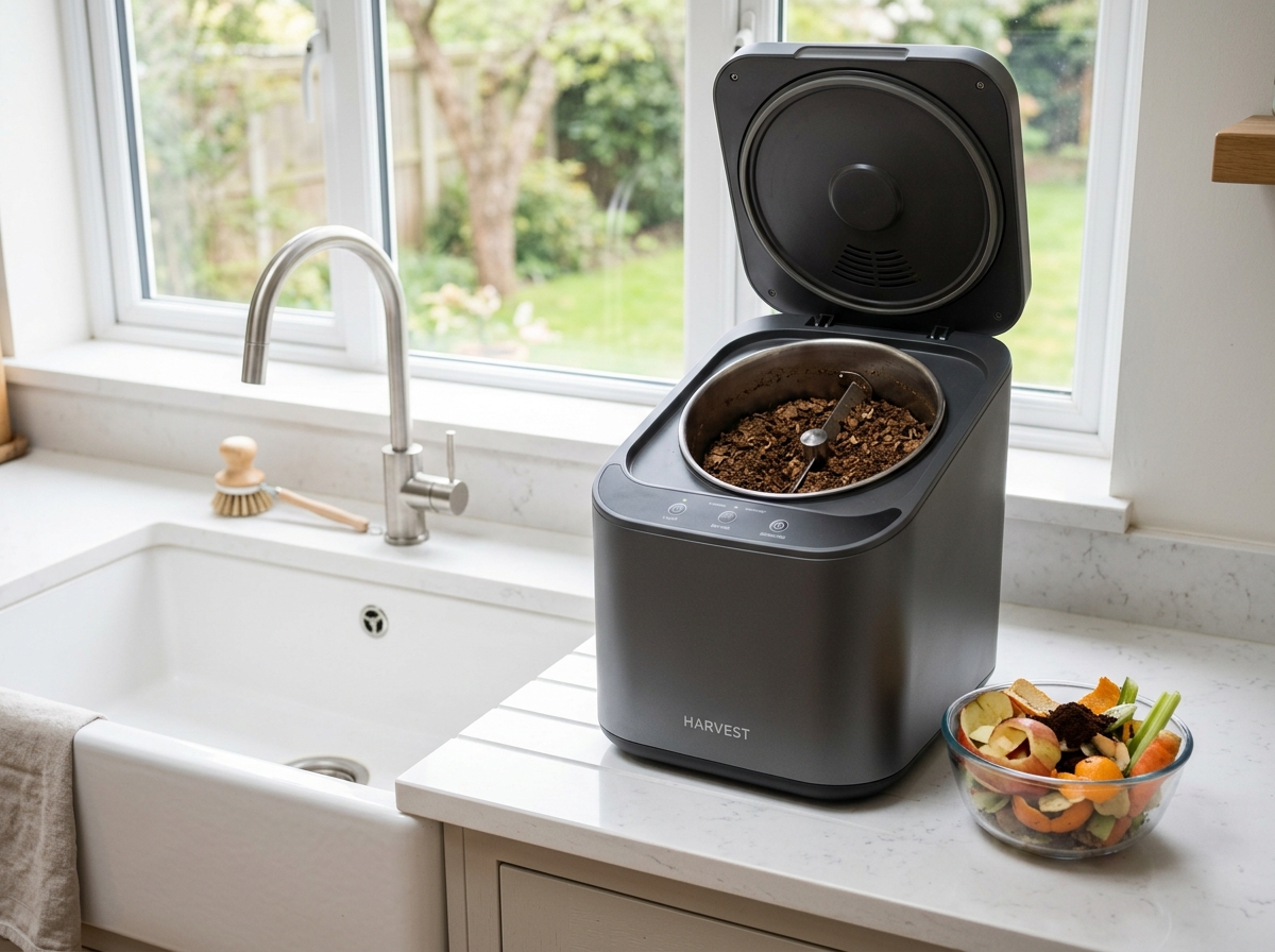 Modern electric kitchen countertop food waste composter appliance with lid open revealing dry odorless dark brown organic flakes