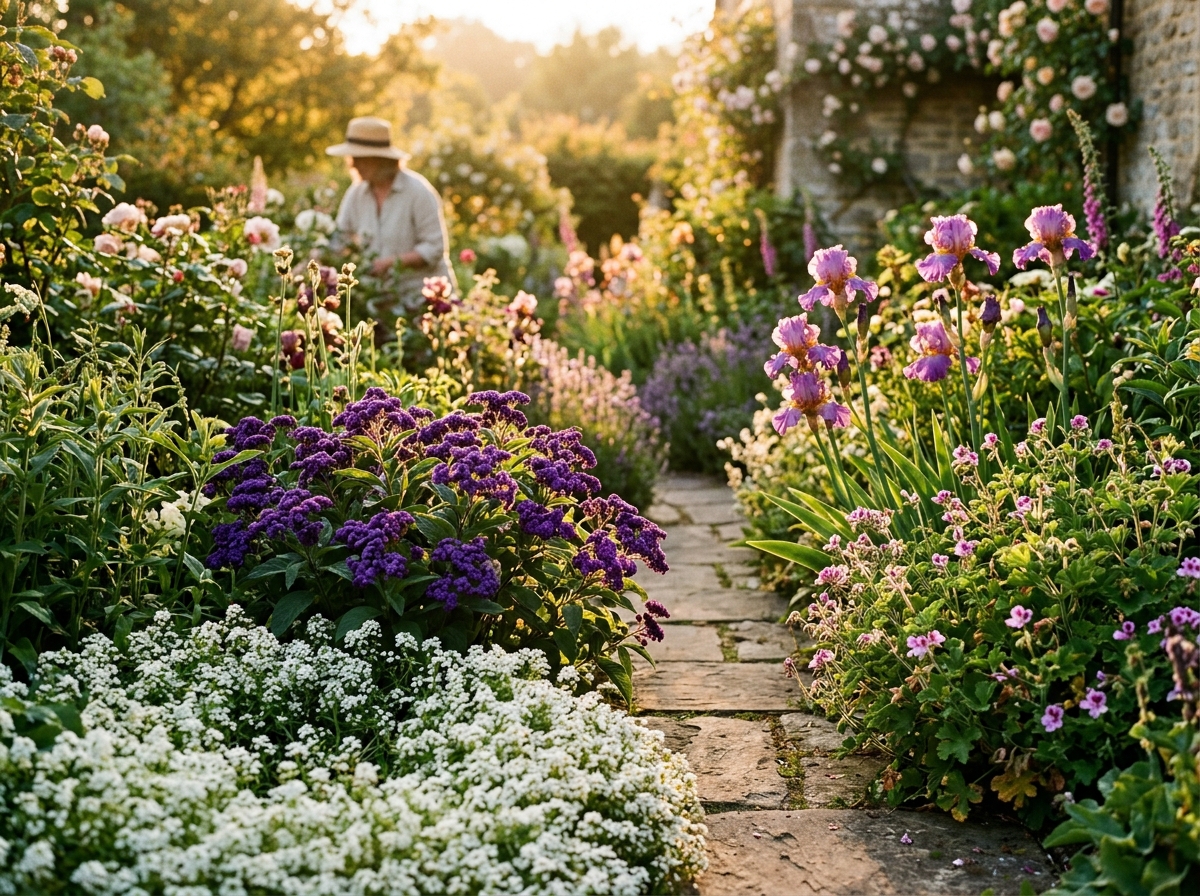 Fragrant evening sensory flower garden in full sun with bearded irises, purple heliotrope, white sweet alyssum carpet, and roses