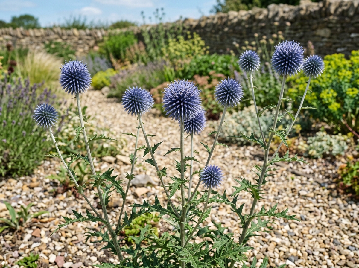 Globe Thistle Echinops ritro with spherical steel-blue flower heads and prickly grey-green foliage in sunny drought-tolerant gravel bed