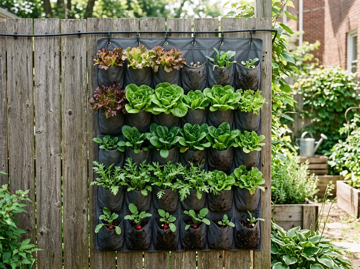 Breathable canvas hanging shoe organizer on wooden fence repurposed as vertical salad wall with lettuce, spinach, arugula, and radishes