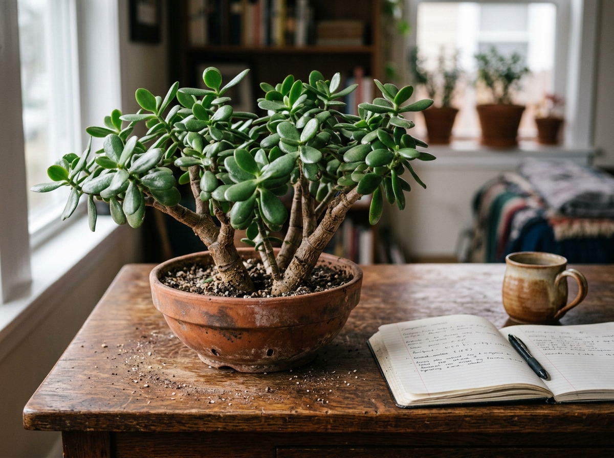 Mature Jade Plant bonsai with thick woody branches in terracotta bowl on rustic study desk