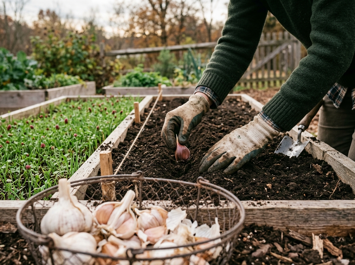 Gloved hands planting garlic cloves in rich dark soil beside emerging green winter rye seedlings