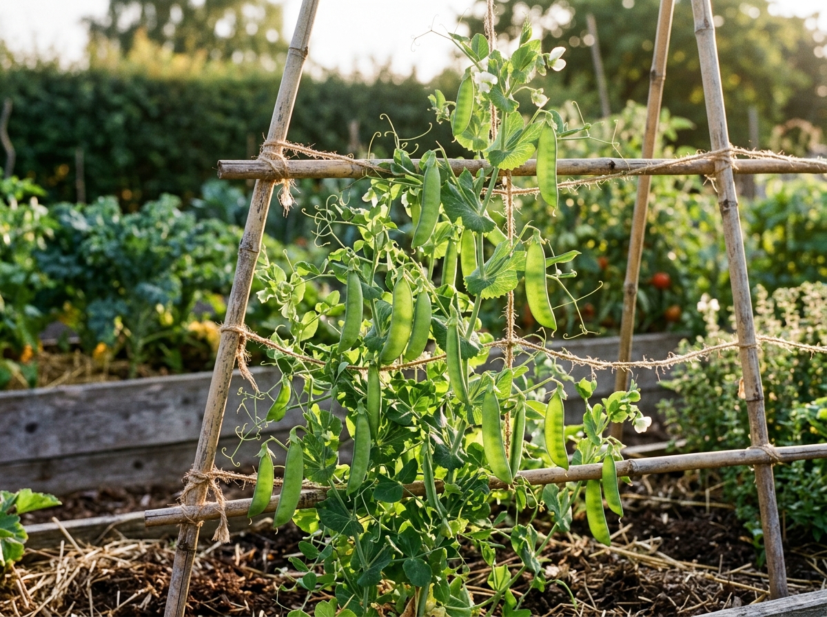 Sugar snap pea vines climbing bamboo cane trellis with plump translucent pods and white blossoms