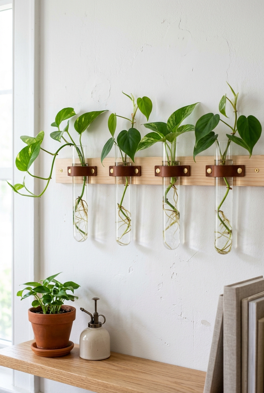 DIY wall-mounted botanical propagation station made from a pine strip with brown leather straps holding glass test tubes with pothos cuttings