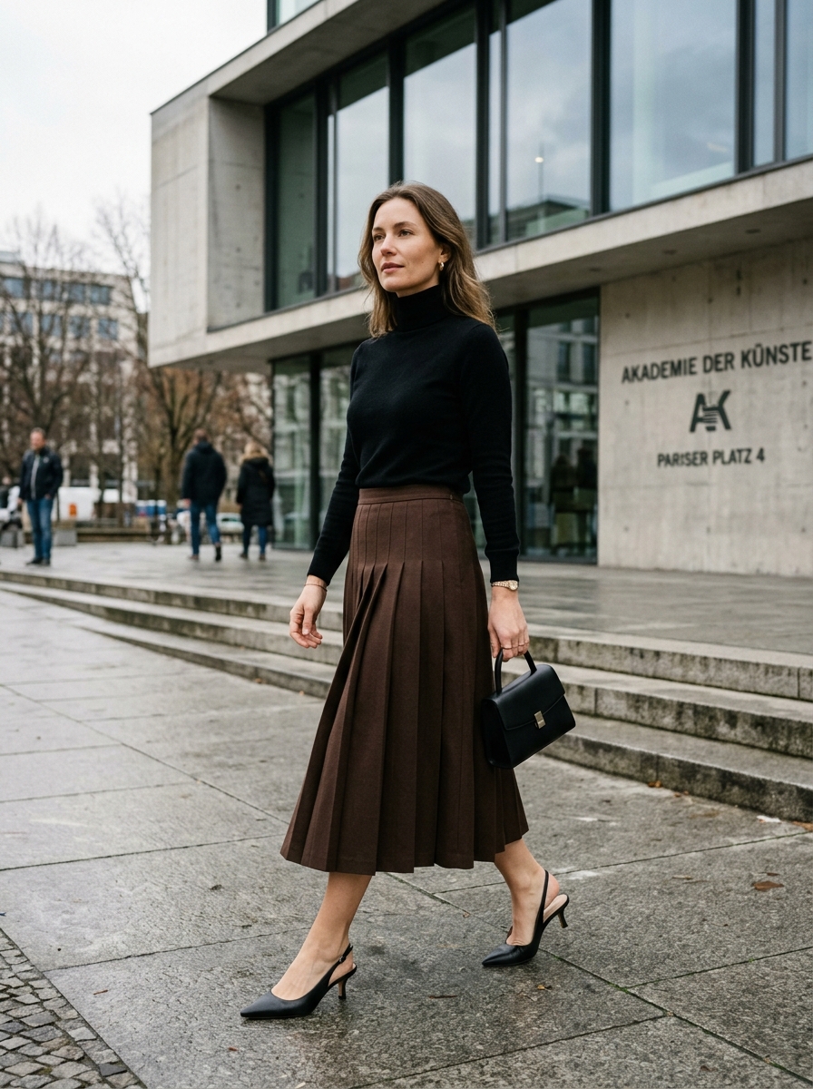 Black cashmere turtleneck tucked into chocolate brown pleated wool A-line midi skirt with kitten-heel slingbacks in Berlin