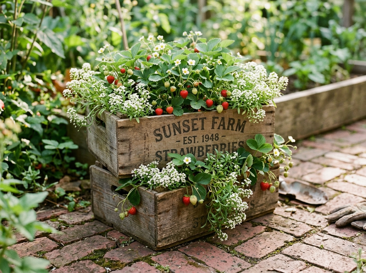 Stacked vintage wooden fruit crates growing everbearing strawberries and white sweet alyssum