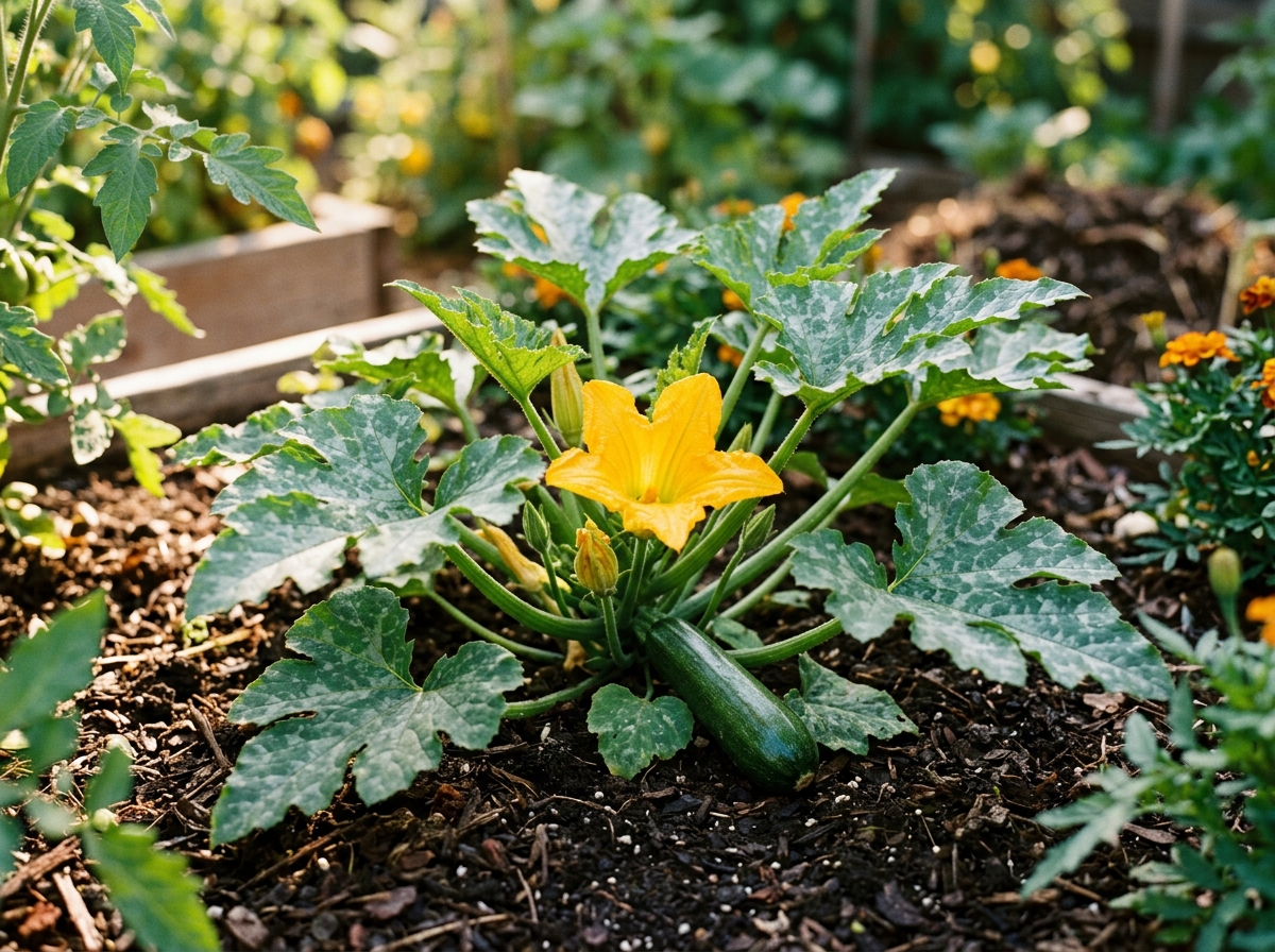 Compact garden zucchini plant with mottled leaves, bright yellow edible flower, and baby green squash
