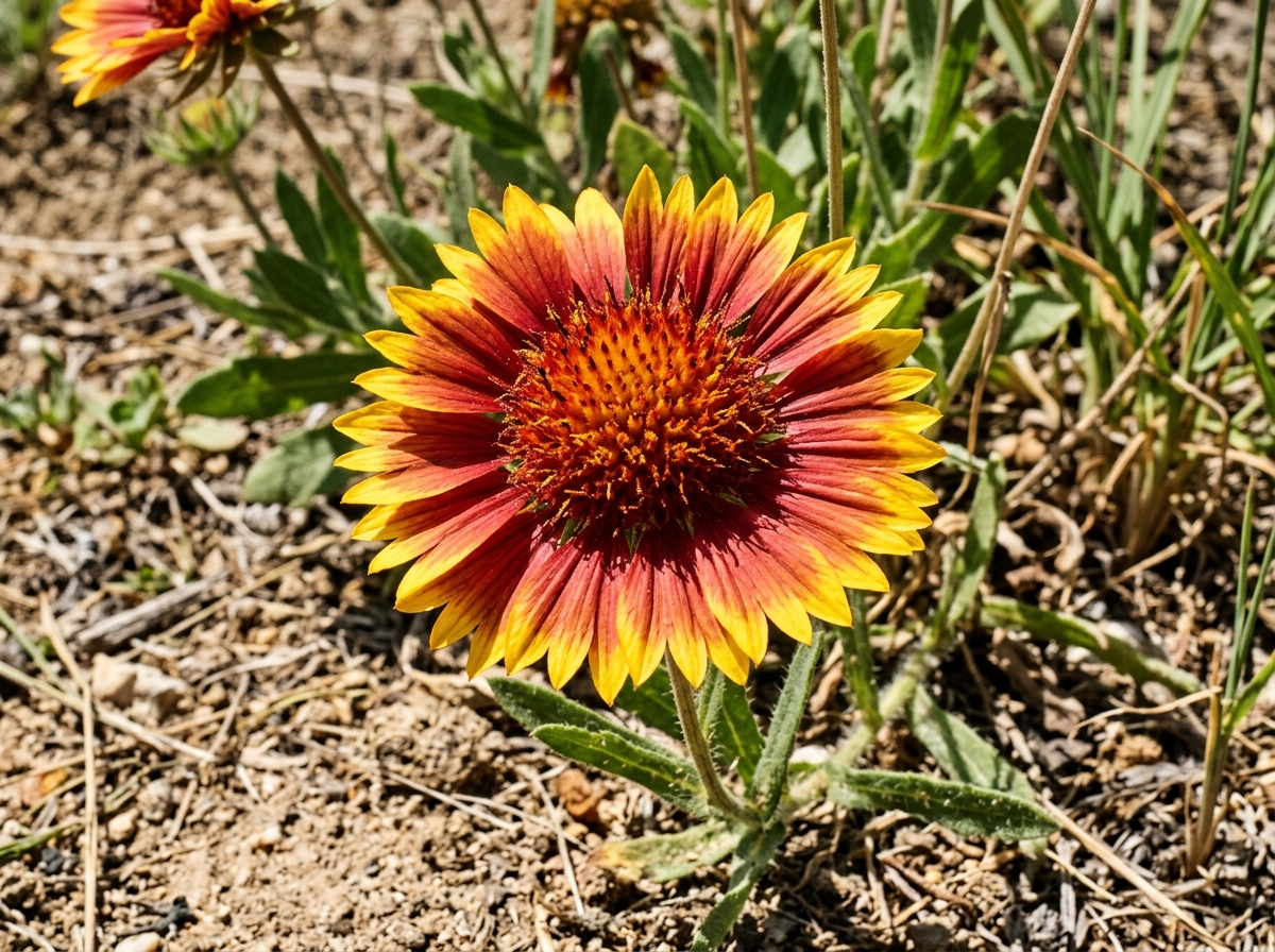 Close-up of Blanket Flower Gaillardia in scorching midday sun with fiery red-orange center and bright yellow serrated petal edges