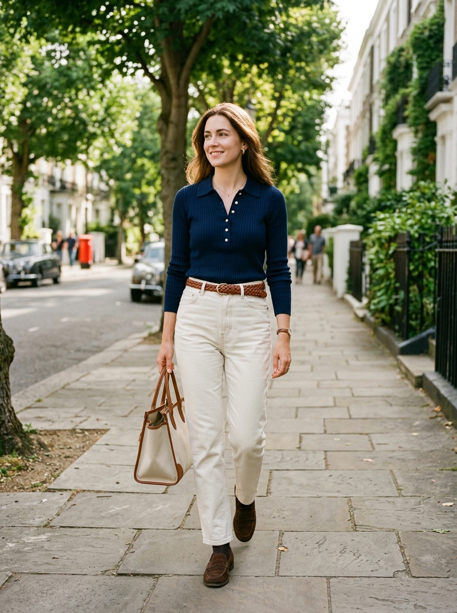Kensington London street style in navy fine knit collared polo, bone ecru straight denim, braided brown belt, and suede loafers