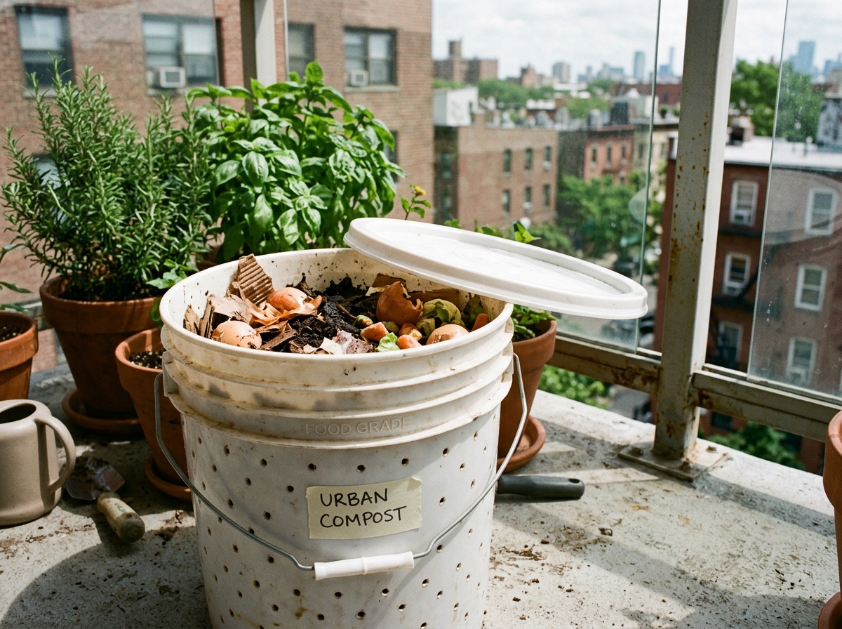 DIY 5-gallon food-grade plastic bucket composter on apartment balcony with drilled aeration holes, shredded cardboard, and potted herbs