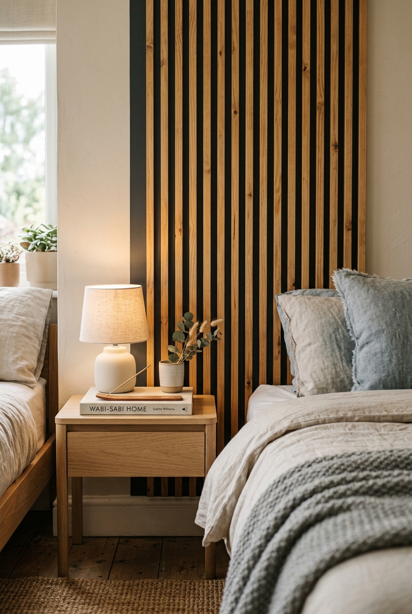 Modern Scandinavian DIY fluted wood slat wall accent panel behind a nightstand crafted from slender pine dowels
