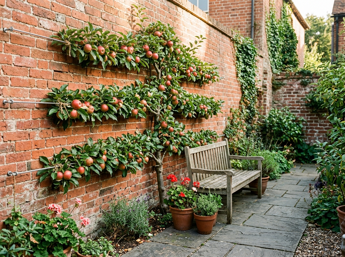Formal espaliered dwarf apple tree trained horizontally along wires on sunny red brick wall with red apples and garden bench
