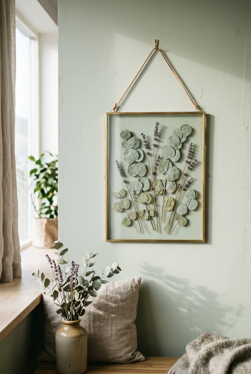 Double-glass brass floating frame with pressed dried silver-dollar eucalyptus leaves and fragrant purple lavender stems on a sage green wall