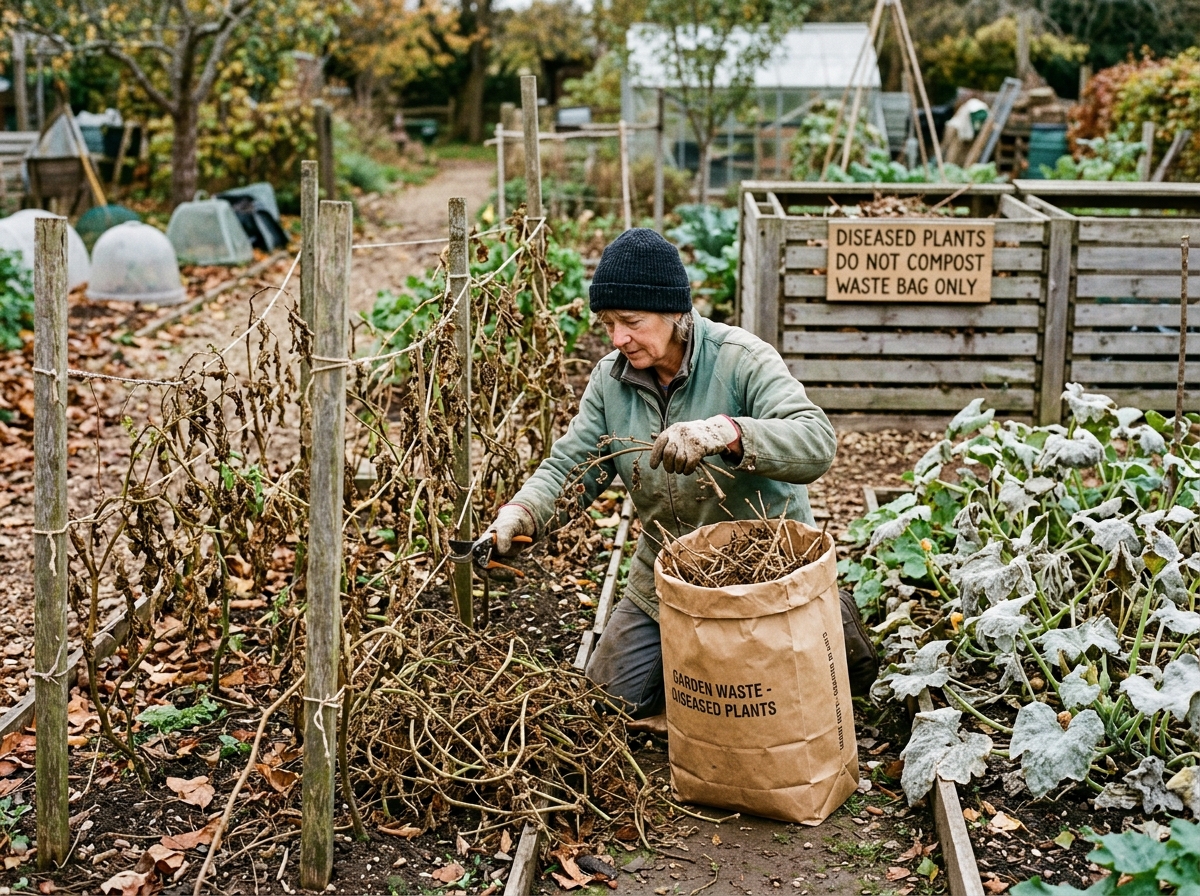 Gardener disposing of late blight tomato stems into a brown paper garden waste bag near compost bins