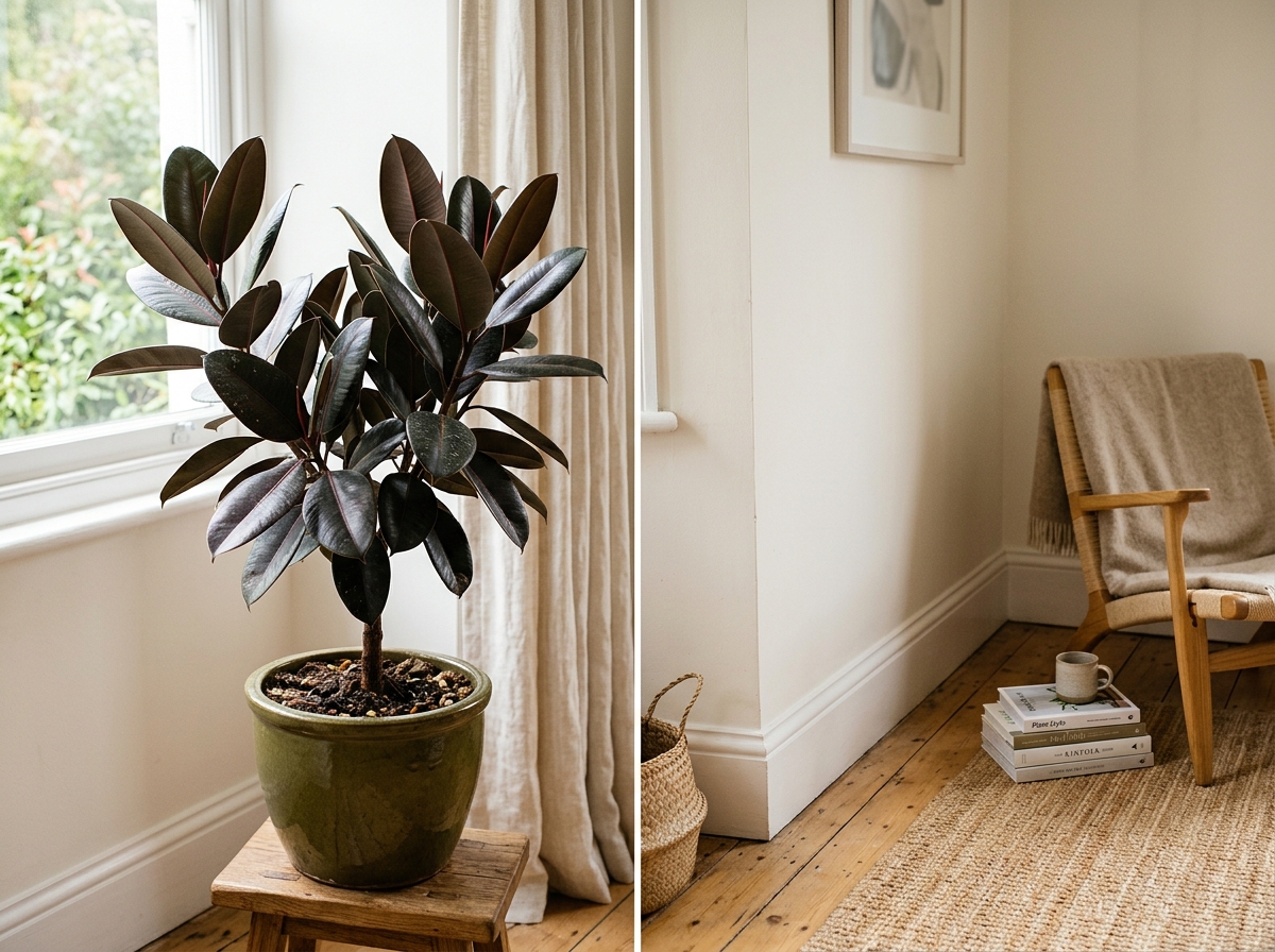 Burgundy Rubber Tree with glossy bronze-green leaves in olive glazed pot in chic living room