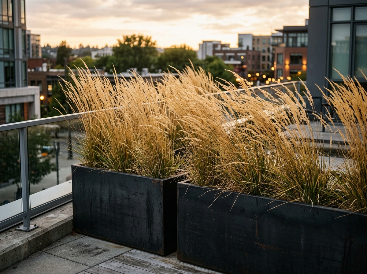 Tall black trough planters with golden Karl Foerster feather reed grass as natural privacy screen