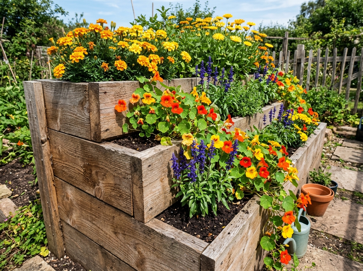 Tiered multi-level cedar raised garden bed in direct sun filled with marigolds, nasturtiums, blue salvia, and calendula