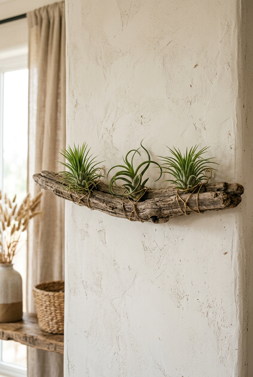 Weathered coastal driftwood mounted horizontally on an off-white textured wall with brass wire cradling live Tillandsia air plants