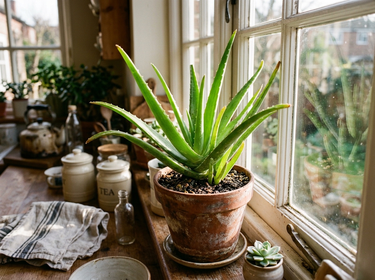 Aloe Vera plant with thick fleshy spears in aged clay pot on rustic kitchen window sill