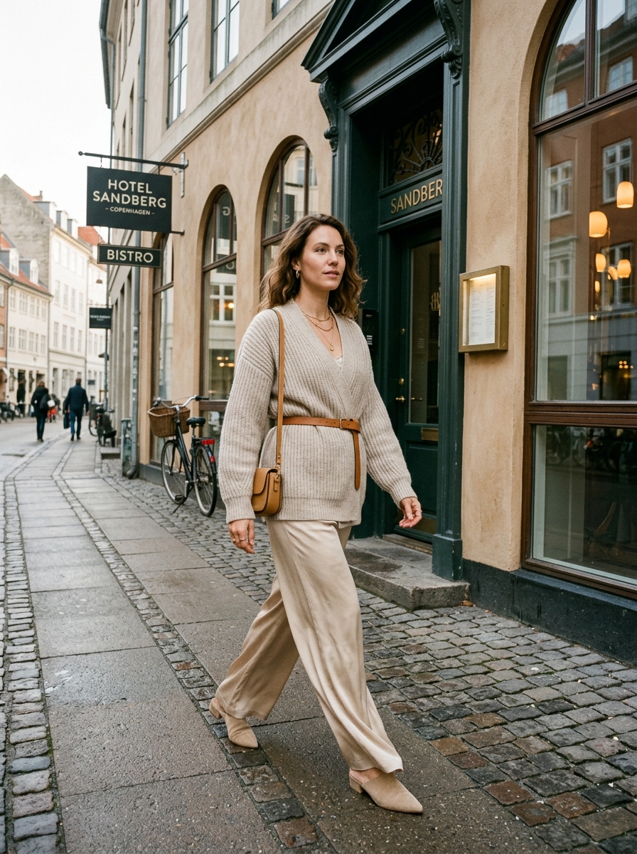 Copenhagen street style with thick oatmeal ribbed knit wrap cardigan belted over flowing champagne silk trousers and mules