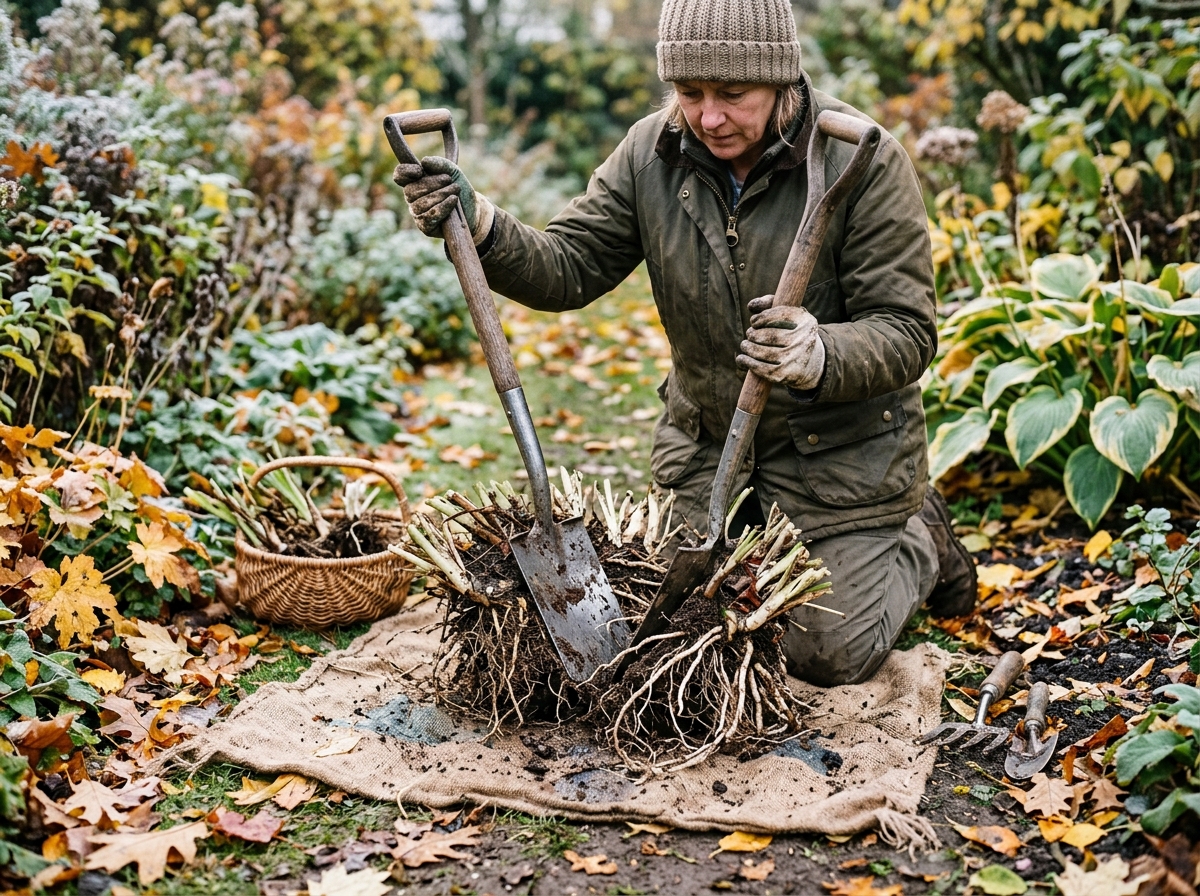 Gardener dividing a dense clump of hosta perennials with two garden spades on a burlap sheet